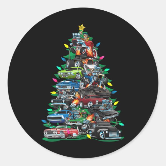 Car Madness Christmas Tree! Muscle Cars And Hotrod ラウンドシール (正面)