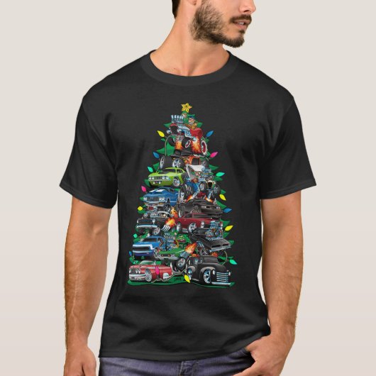 Car Madness Christmas Tree! Muscle Cars And Hotrod Tシャツ (正面)