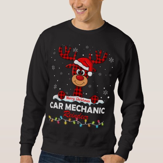 Car Mechanic Reindeer Santa Hat Buffalo Plaid Chri スウェットシャツ (正面)