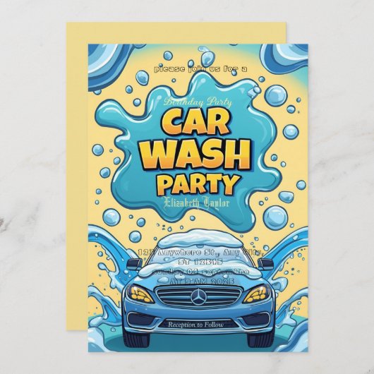 Car Wash party Invitation – Suds  Celebration 招待状 (正面/裏面)