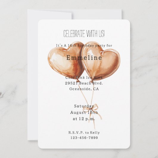 Caramel Heart Balloons Birthday 招待状 (正面)