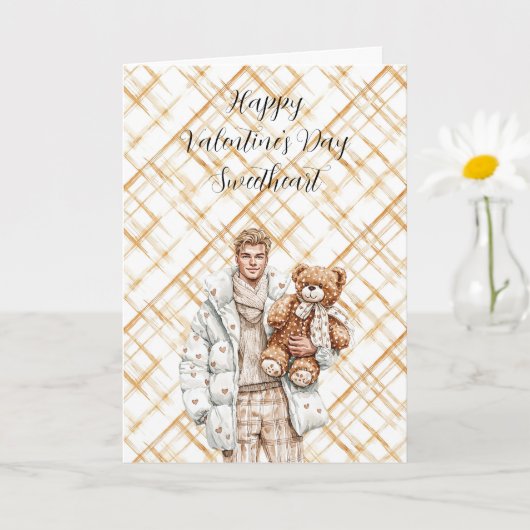 Caramel Valentine's Day Man Teddy Bear カード (小さな植物)