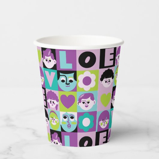 Caras Ilustracion Nostalgia Moderna Lila Turquesa 紙コップ (正面)