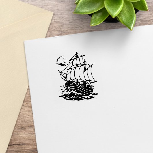 Caravel Wooden Sailing Ship Stormy Sea 1x1 ラバースタンプ