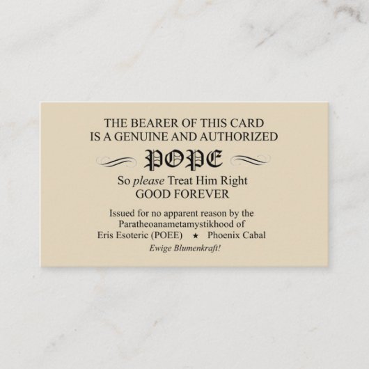 Card (フェニックスの陰謀団版) Discordianの法皇 名刺 (正面)