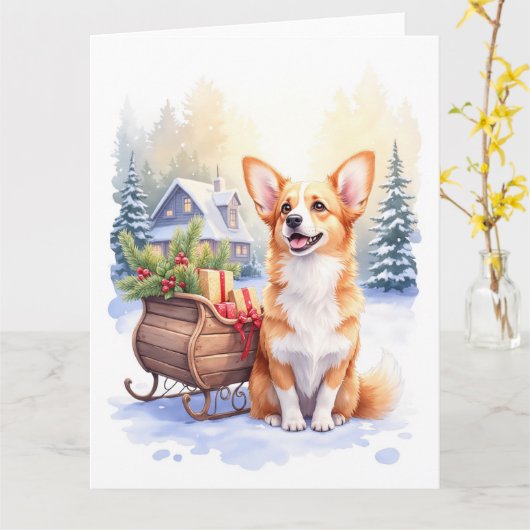 Cardigan Welsh Corgi Festive Sleigh Christmas Art カード (黄色い花)
