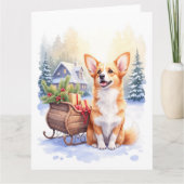 Cardigan Welsh Corgi Festive Sleigh Christmas Art カード (正面)