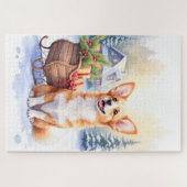 Cardigan Welsh Corgi Festive Sleigh Christmas Art ジグソーパズル (横)