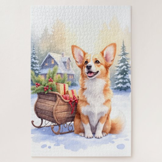 Cardigan Welsh Corgi Festive Sleigh Christmas Art ジグソーパズル (縦)