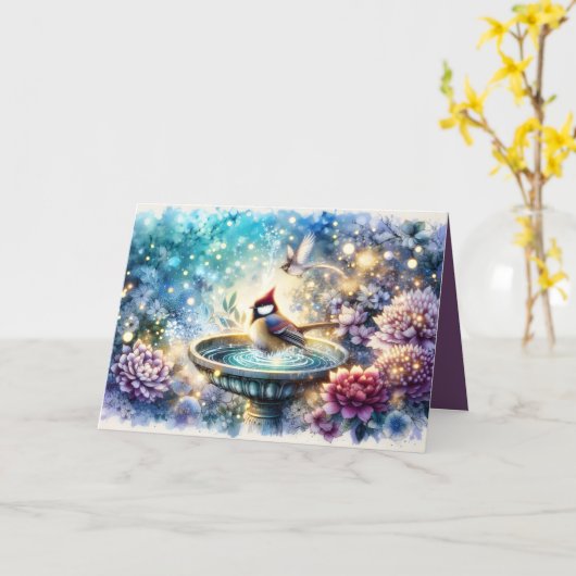 Cardinal at Birdbath Dreamy Garden Ar カード (黄色い花)