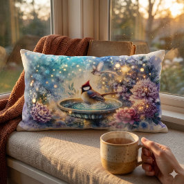 Cardinal at Birdbath Dreamy Garden Ar ランバークッション