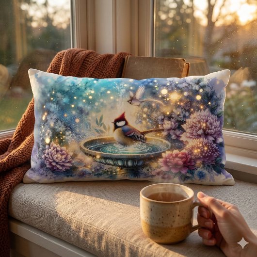 Cardinal at Birdbath Dreamy Garden Ar ランバークッション