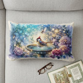 Cardinal at Birdbath Dreamy Garden Ar ランバークッション