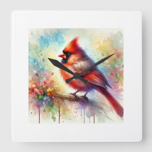 Cardinal Bird 091024AREF149 - Watercolor スクエア壁時計 (正面)