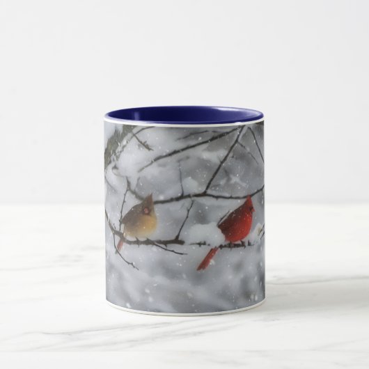 Cardinal Bird Couple in Snow Tree Nature Mug マグカップ (中央)