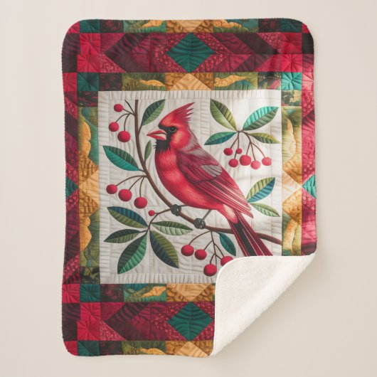Cardinal Bird Quilt, Fleece Blanket – Vibrant Red シェルパブランケット (正面)
