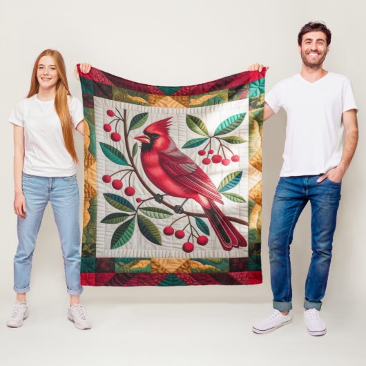 Cardinal Bird Quilt, Fleece Blanket – Vibrant Red フリースブランケット (インサイチュ)