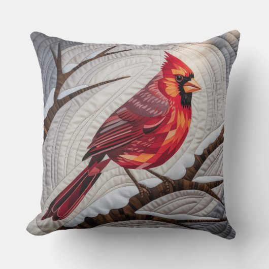 Cardinal Bird Quilt & Throw Pillow – Red Cardinal  クッション (正面)