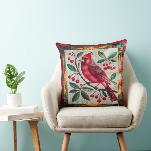 Cardinal Bird Quilt, Throw Pillow Vibrant Red Card クッション (椅子)