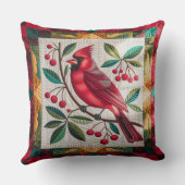 Cardinal Bird Quilt, Throw Pillow Vibrant Red Card クッション (裏面)