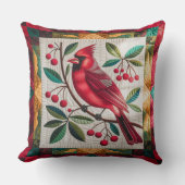 Cardinal Bird Quilt, Throw Pillow Vibrant Red Card クッション (正面)