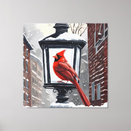 Cardinal Bird Sat On A Snow Covered Street Lantern キャンバスプリント