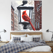 Cardinal Bird Sat On A Snow Covered Street Lantern キャンバスプリント (インサイチュ (寝室))