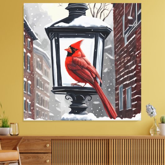Cardinal Bird Sat On A Snow Covered Street Lantern キャンバスプリント (インサイチュ (リビング))