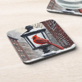 Cardinal Bird Sat On A Snow Covered Street Lantern コースター (左側)