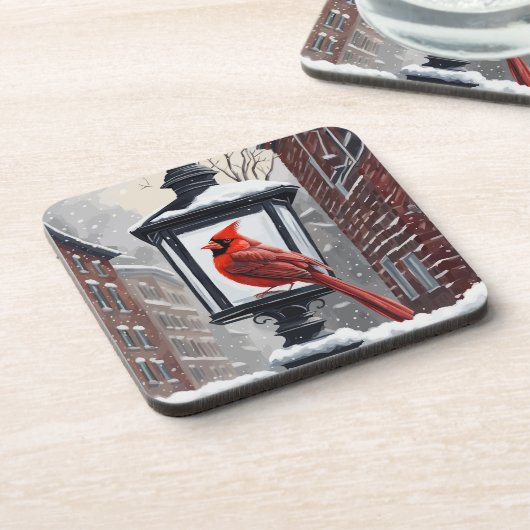 Cardinal Bird Sat On A Snow Covered Street Lantern コースター (左側)