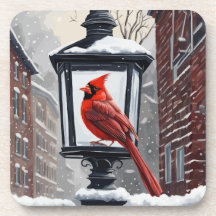 Cardinal Bird Sat On A Snow Covered Street Lantern