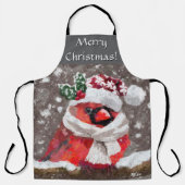 Cardinal Bird Scarf & Hat in Snow Christmas エプロン (正面)