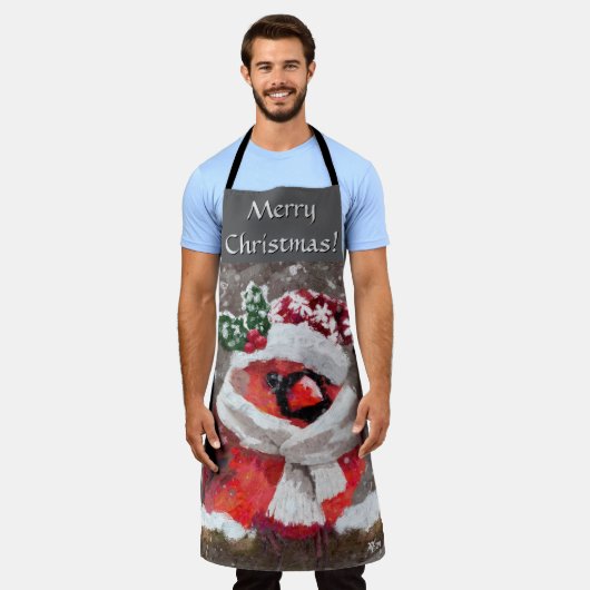 Cardinal Bird Scarf & Hat in Snow Christmas エプロン (着用した状態)