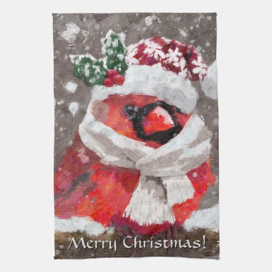 Cardinal Bird Scarf & Hat in Snow Christmas キッチンタオル (縦)
