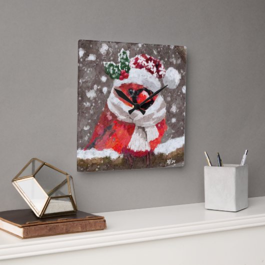 Cardinal Bird Scarf & Hat in Snow Christmas スクエア壁時計 (オフィス)