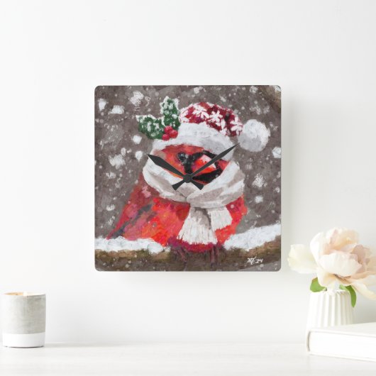 Cardinal Bird Scarf & Hat in Snow Christmas スクエア壁時計 (ホーム)