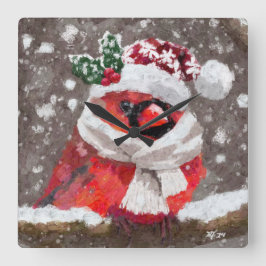 Cardinal Bird Scarf & Hat in Snow Christmas スクエア壁時計