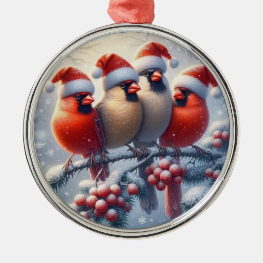 Cardinal Family Cute Christmas Gift Present メタルオーナメント (正面)