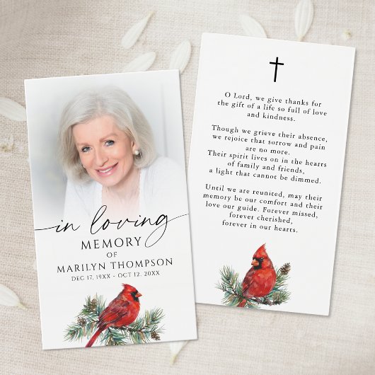 Cardinal Funeral Loving Memory Cross Prayer Card