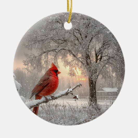 Cardinal On a Snowy Branch Ceramic Circle Ornament セラミックオーナメント (正面)