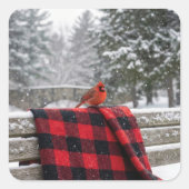 Cardinal On a Snowy Plaid Blanket スクエアシール (正面)