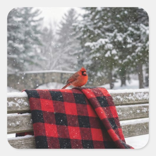 Cardinal On a Snowy Plaid Blanket スクエアシール (正面)