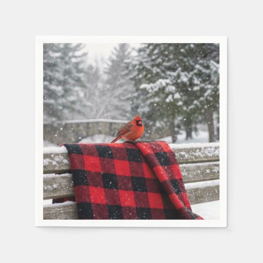 Cardinal On a Snowy Plaid Blanket スタンダードカクテルナプキン (正面)