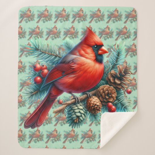 Cardinal on Pine Branch with Winter Berries シェルパブランケット (正面)