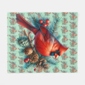 Cardinal on Pine Branch with Winter Berries フリースブランケット (正面(横))