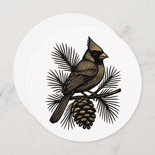 Cardinal On Pine Tree With Pinecone Christmas シーズンカード (正面/裏面)
