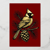 Cardinal On Pine Tree With Pinecone Christmas 箔シーズンカード (正面)