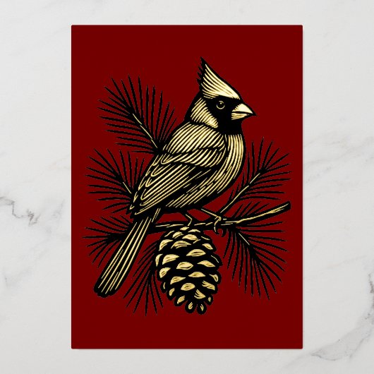 Cardinal On Pine Tree With Pinecone Christmas 箔シーズンカード (正面)