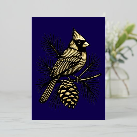 Cardinal On Pine Tree With Pinecone Christmas 箔シーズンカード (立ち正面)