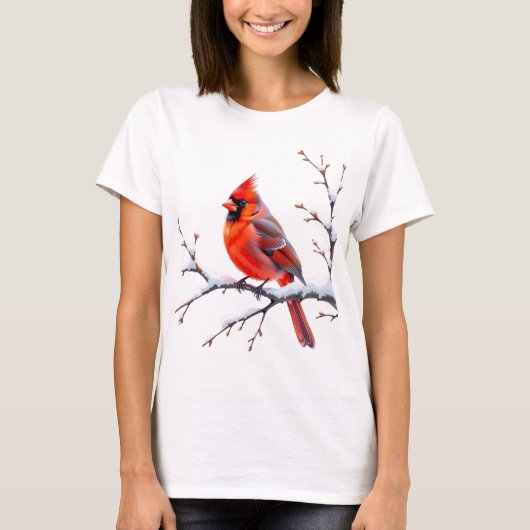 Cardinal rouge sur branche enneigée – Beauté hiver Tシャツ (正面)
